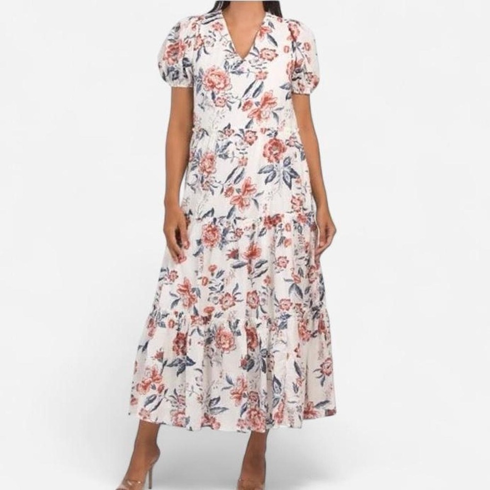 Lucky Brand Puff Sleeve Tiered Tie Back Maxi Dress - Sz XS